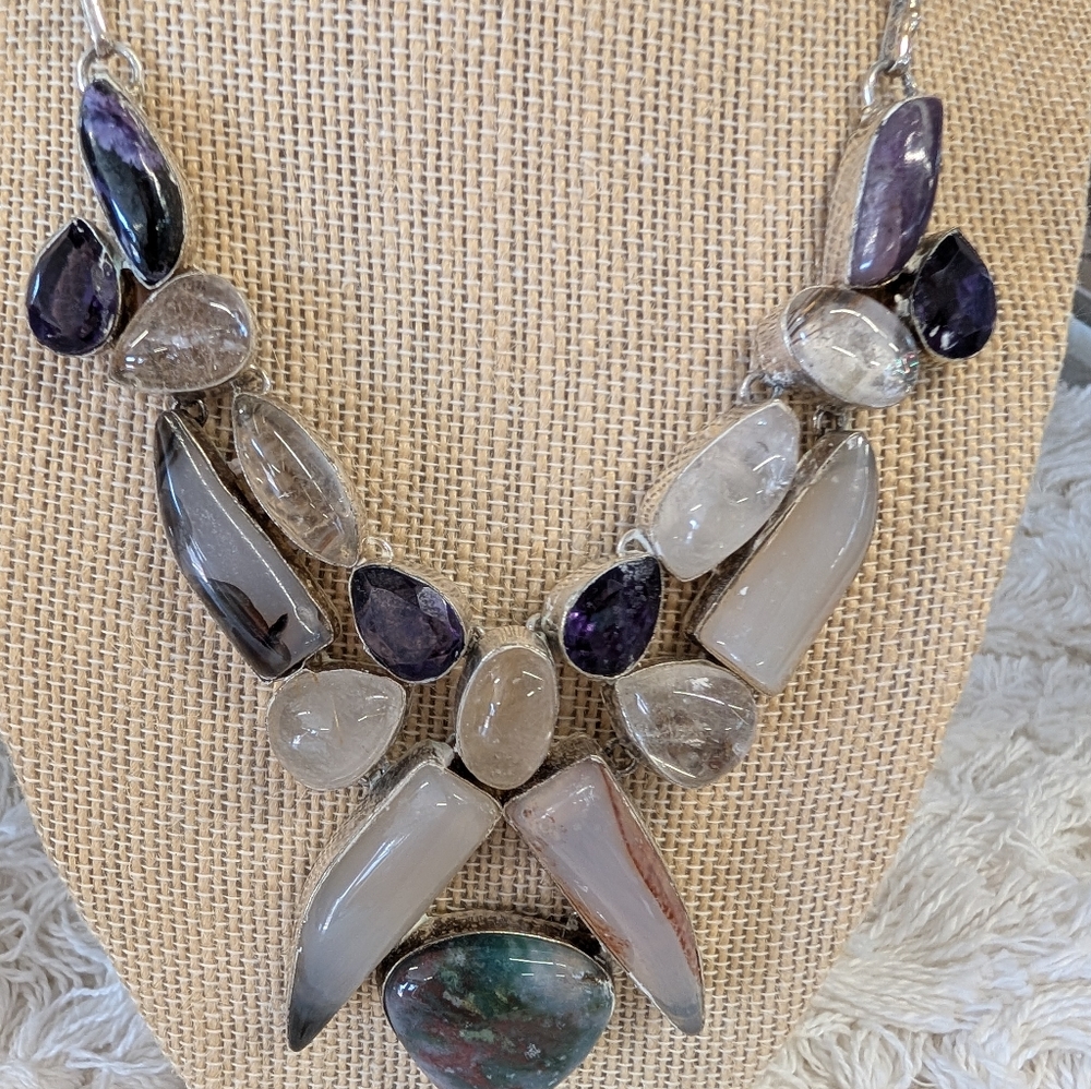 Necklace Sterling Silver 925 Necklace  Agate, Moonstone  Amethyst Natural Stones